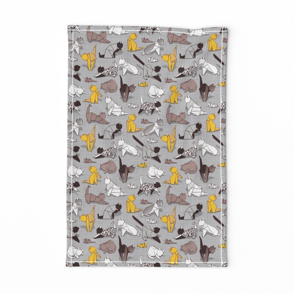Small scale // Origami kitten friends // grey linen texture background with sunglow yellow paper cats
