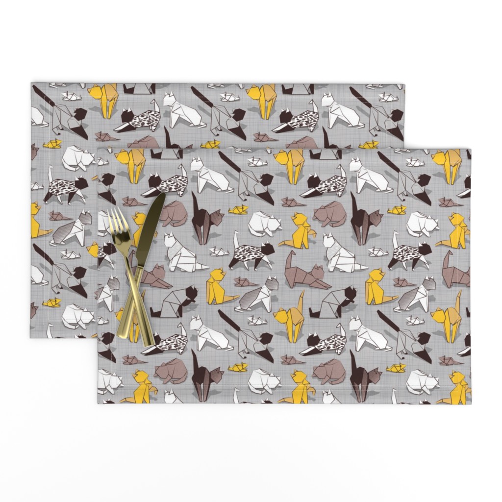 Small scale // Origami kitten friends // grey linen texture background with sunglow yellow paper cats