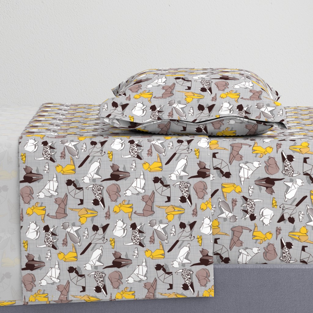 Small scale // Origami kitten friends // grey linen texture background with sunglow yellow paper cats