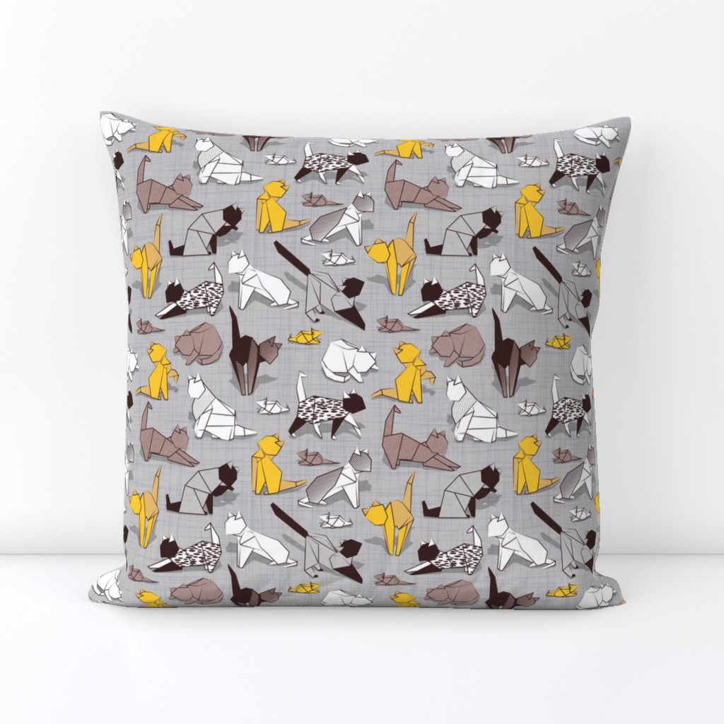 Small scale // Origami kitten friends // grey linen texture background with sunglow yellow paper cats