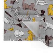 Small scale // Origami kitten friends // grey linen texture background with sunglow yellow paper cats