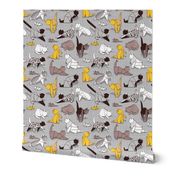 Small scale // Origami kitten friends // grey linen texture background with sunglow yellow paper cats