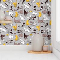 Small scale // Origami kitten friends // grey linen texture background with sunglow yellow paper cats