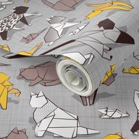 Small scale // Origami kitten friends // grey linen texture background with sunglow yellow paper cats