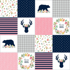 Girls Patchwork Quilt Top - Wholecloth Cheater Quilt Bear & Deer, Navy Pink and Grey