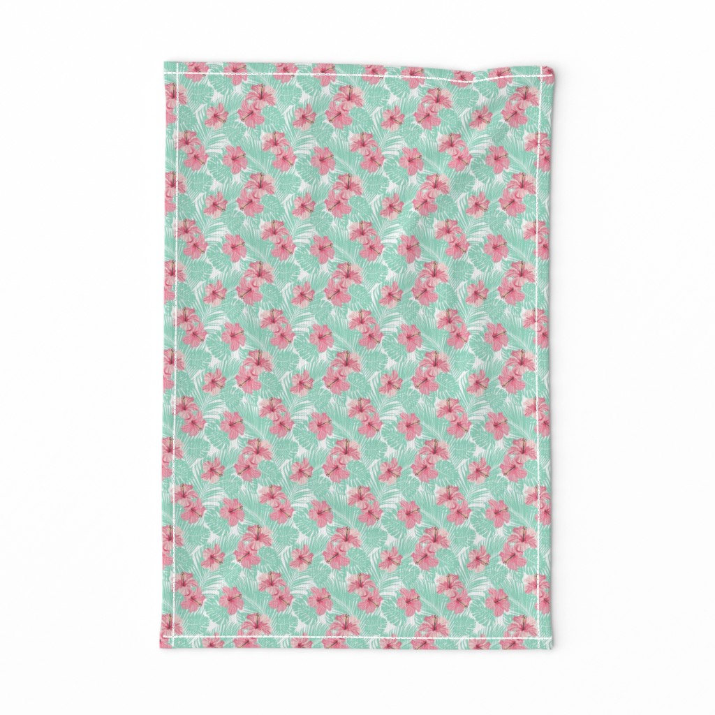 Hibiscus Tropical Flowers Floral on Teal Smaller