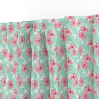 Hibiscus Tropical Flowers Floral on Teal Smaller