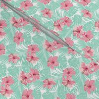 Hibiscus Tropical Flowers Floral on Teal Smaller