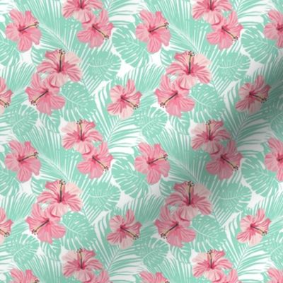 Hibiscus Tropical Flowers Floral on Teal Smaller