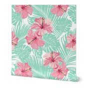 Hibiscus Tropical Flowers Floral on Teal Smaller