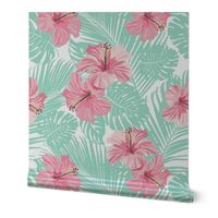 Hibiscus Tropical Flowers Floral on Teal