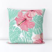 Hibiscus Tropical Flowers Floral on Teal