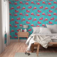 Flamingos on Teal Tropical Birds