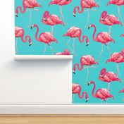 Flamingos on Teal Tropical Birds