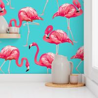 Flamingos on Teal Tropical Birds