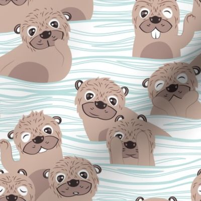 Small scale // Otters dazzling the audience // white background with waves dark vanilla brown cute animals