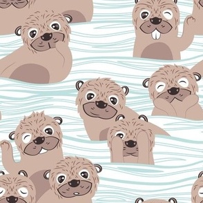 Small scale // Otters dazzling the audience // white background with waves dark vanilla brown cute animals