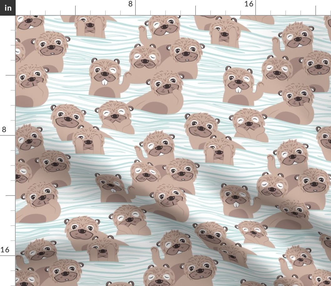 Small scale // Otters dazzling the audience // white background with waves dark vanilla brown cute animals