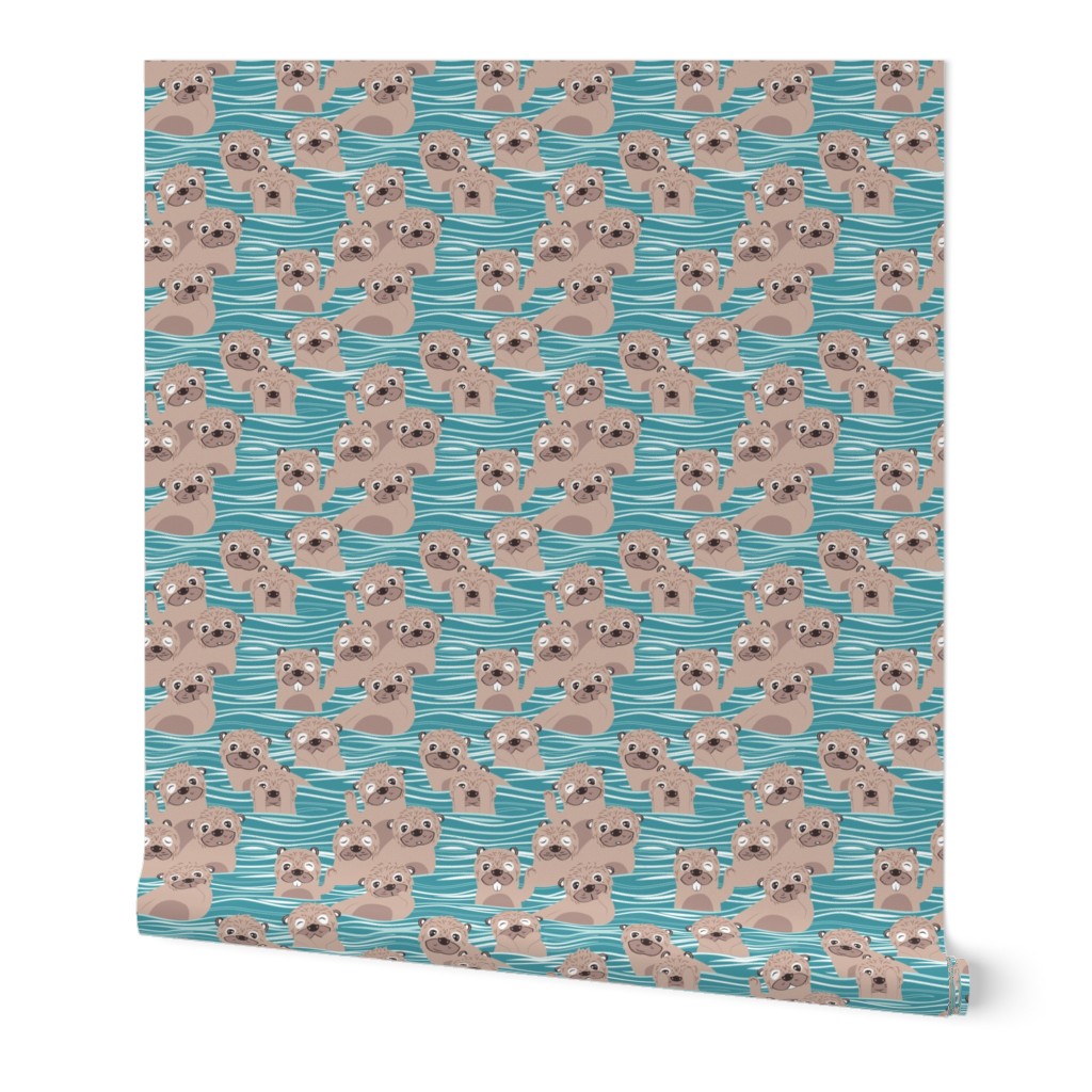 Small scale // Otters dazzling the audience // steel blue background dark vanilla brown cute animals