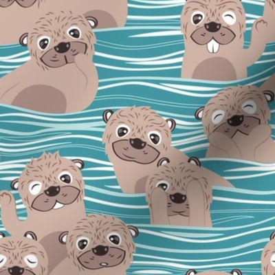 Small scale // Otters dazzling the audience // steel blue background dark vanilla brown cute animals