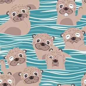 Small scale // Otters dazzling the audience // steel blue background dark vanilla brown cute animals