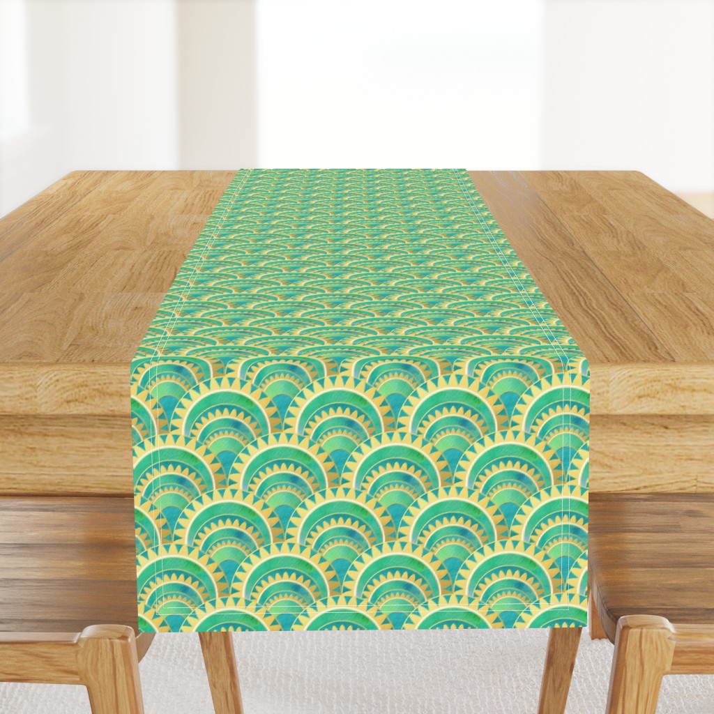 Modern Art Deco Inspired Fan with Green and Gold Watercolour Abstracts