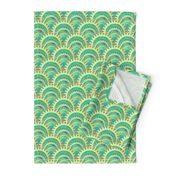 Modern Art Deco Inspired Fan with Green and Gold Watercolour Abstracts