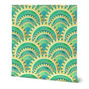Modern Art Deco Inspired Fan with Green and Gold Watercolour Abstracts