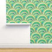 Modern Art Deco Inspired Fan with Green and Gold Watercolour Abstracts
