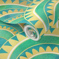 Modern Art Deco Inspired Fan with Green and Gold Watercolour Abstracts