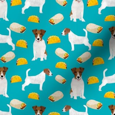 jack russell terriers and tacos fabric- food burritos, tacos, dog design - turquoise