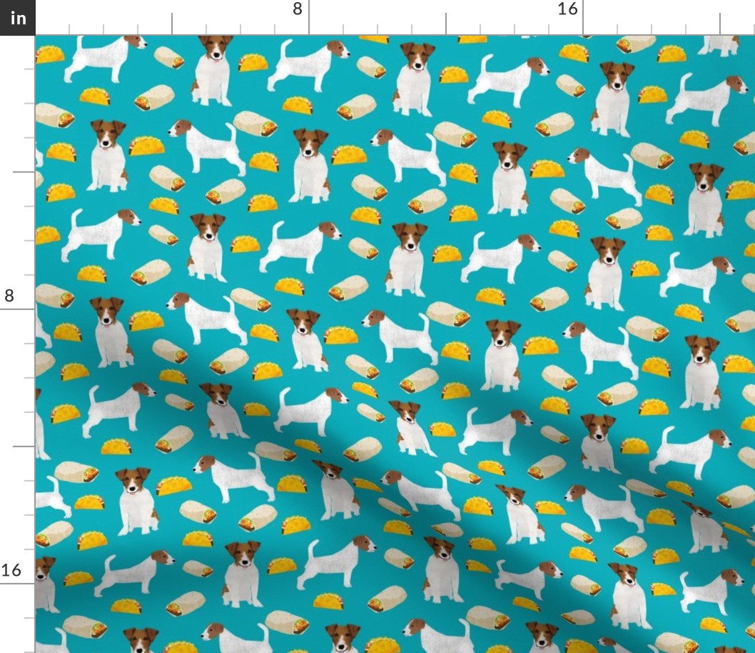 jack russell terriers and tacos fabric- food burritos, tacos, dog design - turquoise