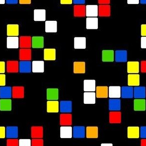 cube/ Geometric on black / Small Squares red,orange,green,yellow,blue,white  