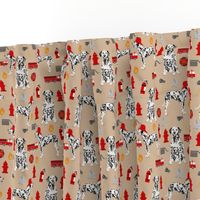 dalmatian fireman fabric - fire, fireman, fire truck, dalmatian dog design - tan