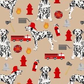 dalmatian fireman fabric - fire, fireman, fire truck, dalmatian dog design - tan