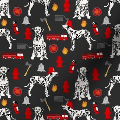 dalmatian fireman fabric - fire, fireman, fire truck, dalmatian dog design - charcoal