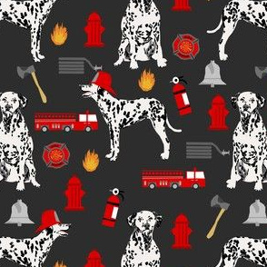 dalmatian fireman fabric - fire, fireman, fire truck, dalmatian dog design - charcoal