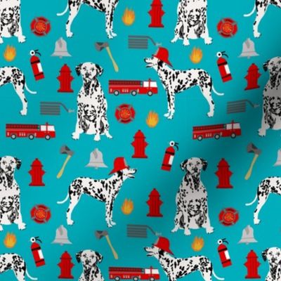 dalmatian fireman fabric - fire, fireman, fire truck, dalmatian dog design - turquoise