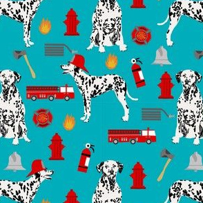 dalmatian fireman fabric - fire, fireman, fire truck, dalmatian dog design - turquoise