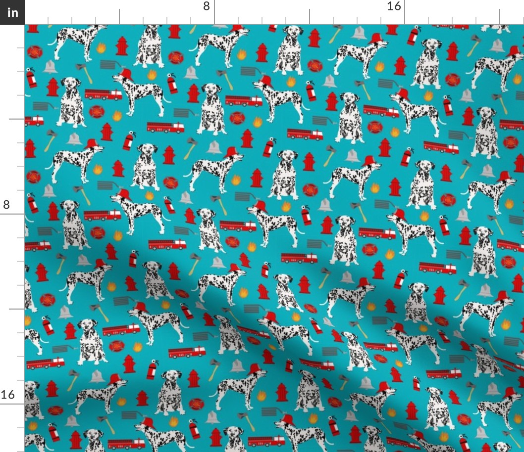 dalmatian fireman fabric - fire, fireman, fire truck, dalmatian dog design - turquoise