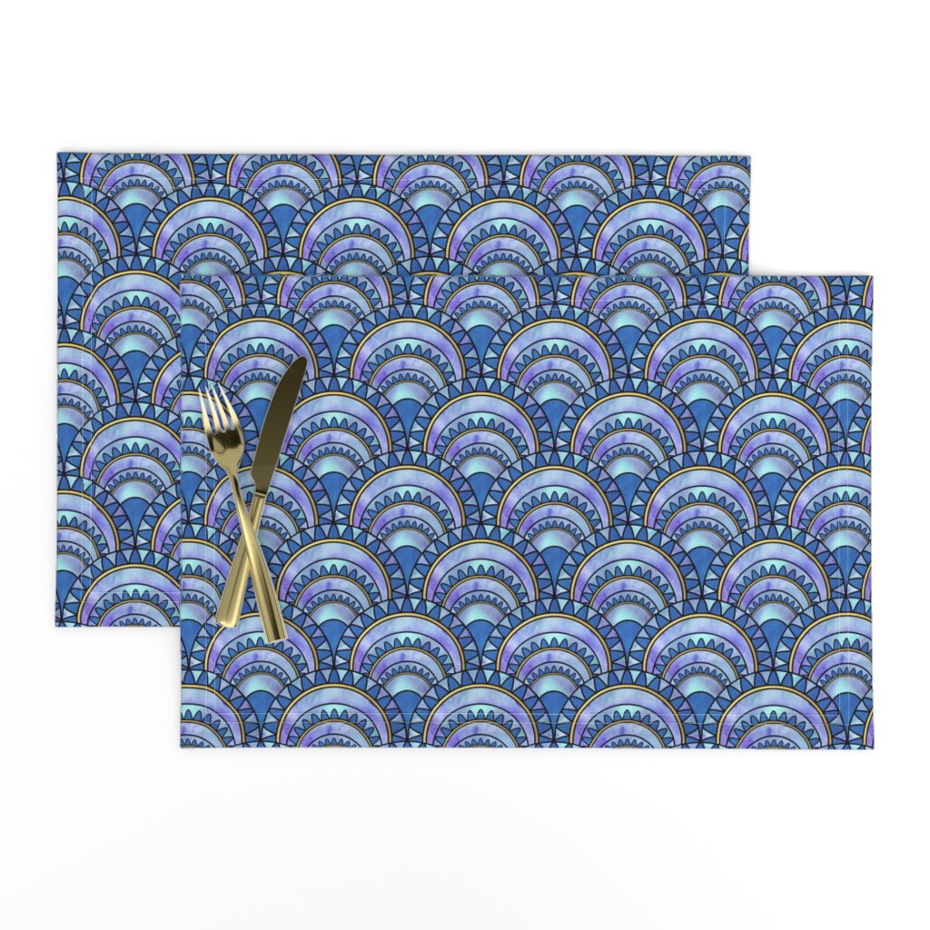 Modern Art Deco Inspired Fan with Blue Watercolour Abstracts