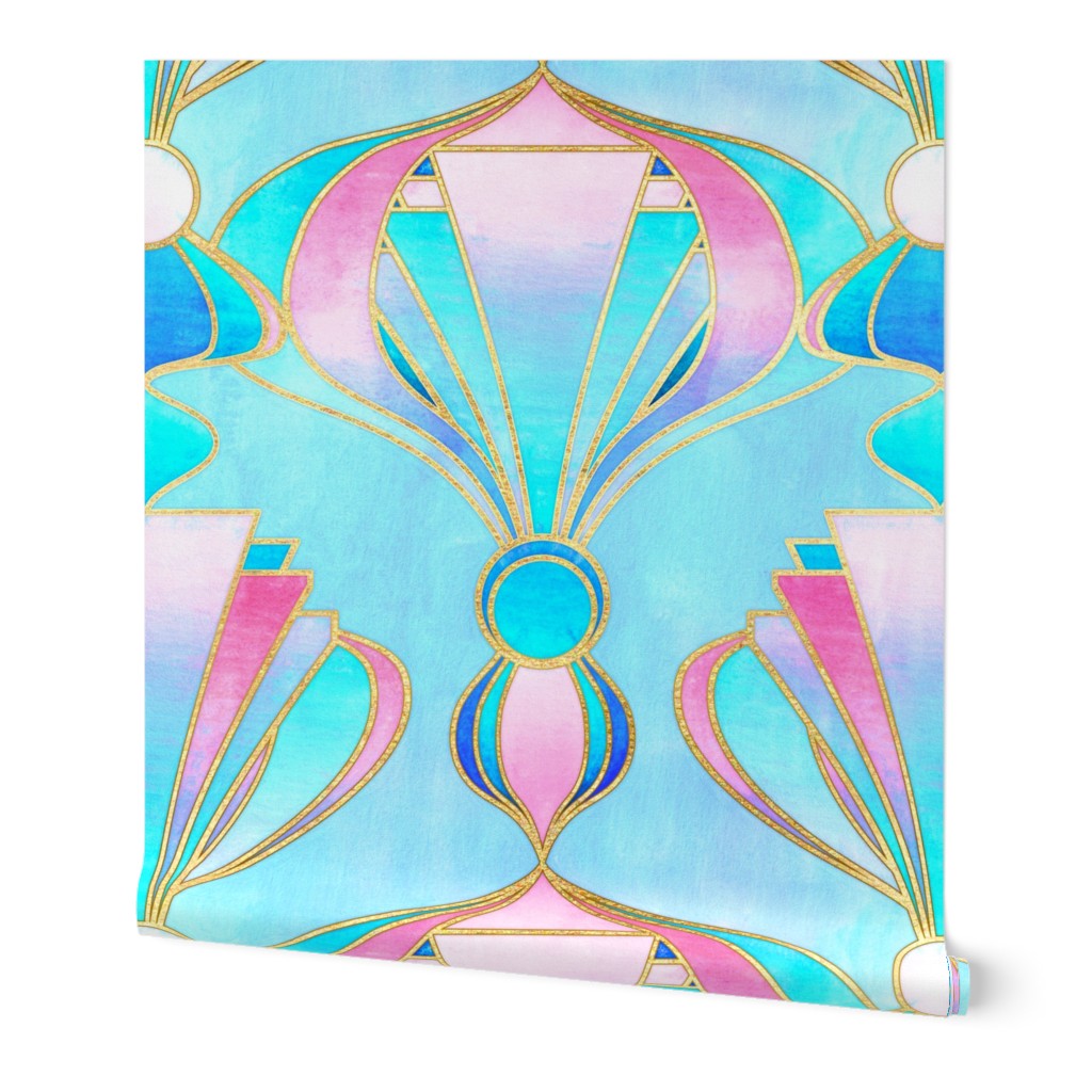 Small Scale Textured Art Deco in Pink, Blue and Gold