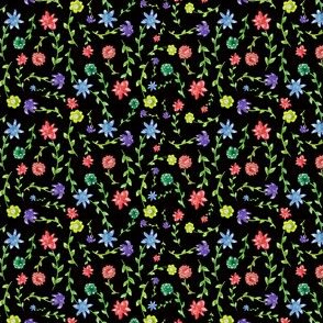 Dutch Floral, Watercolor Flowers on Black Background, Dainty Quilting Floral