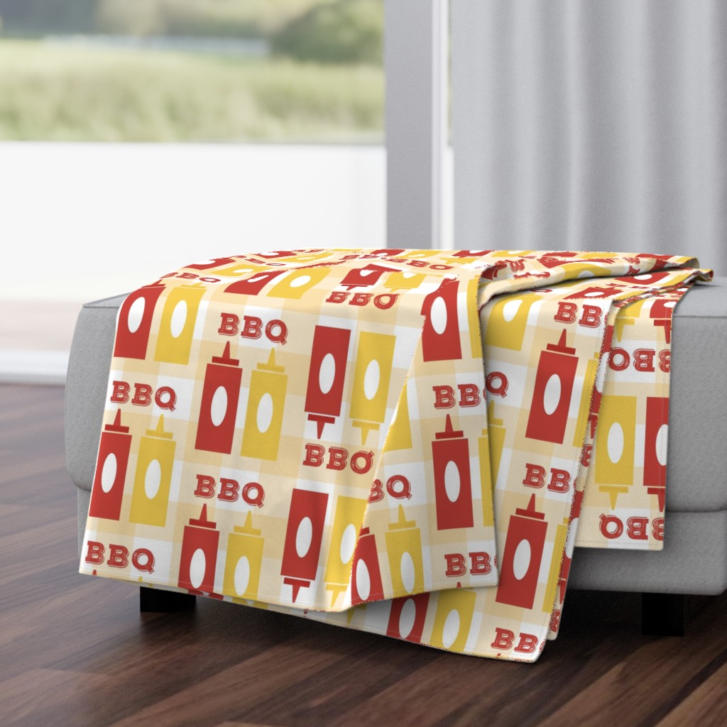 Picnic BBQ Gingham Summer Cookout Barbecue with  Ketchup and Mustard