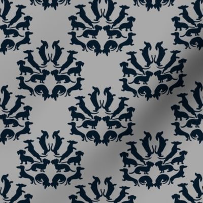 Custom Doxie Damask Midnight Blue on Gray