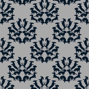 Custom Doxie Damask Midnight Blue on Gray