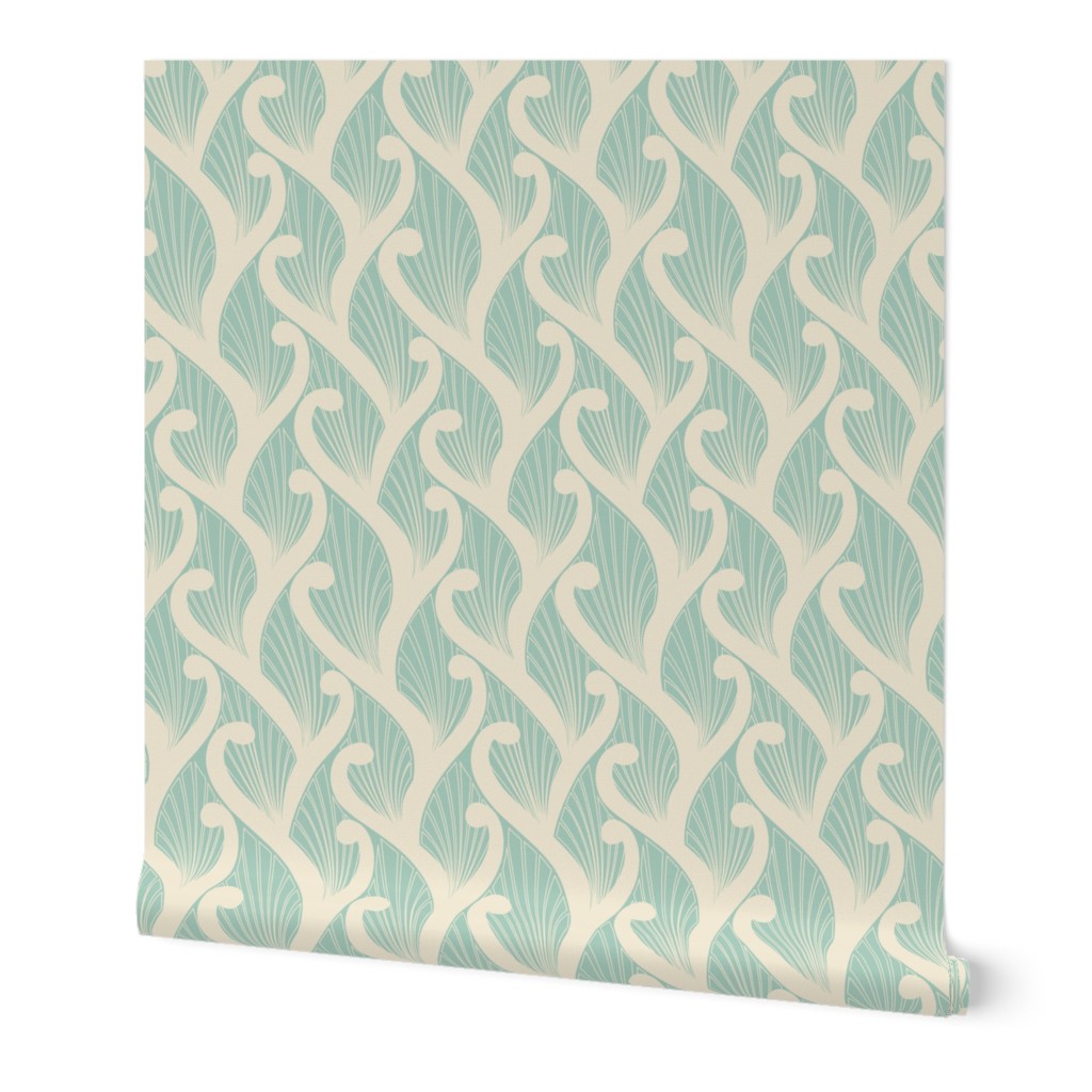 Deco Vines- Cream on Mint // art nouveau deco nature climbing vines leaves leaf fabric