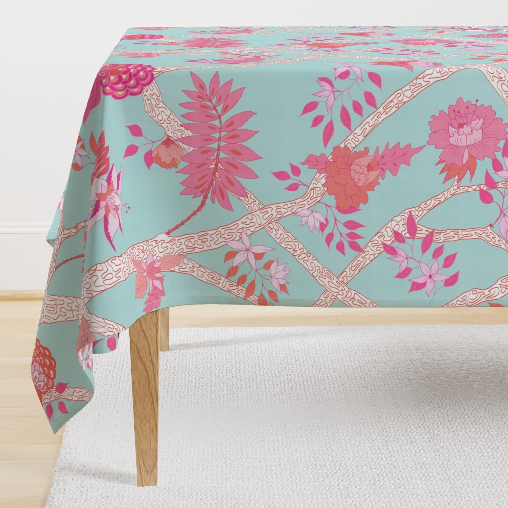 Peony Branch Mural- Pink and Orange on Aqua