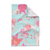 Peony Branch Mural- Pink and Orange on Aqua