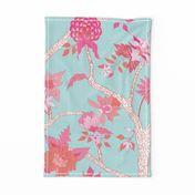 Peony Branch Mural- Pink and Orange on Aqua